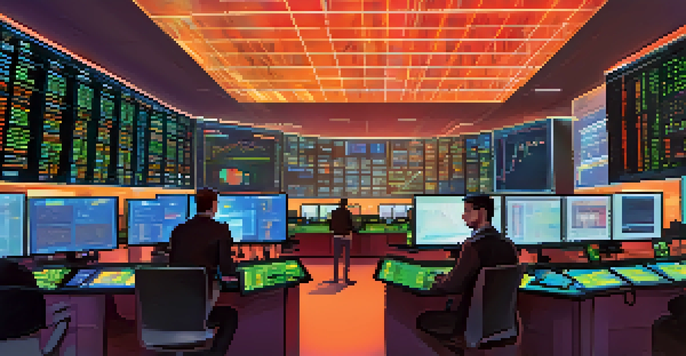 A busy cryptocurrency trading floor with traders analyzing screens filled with price charts and data.