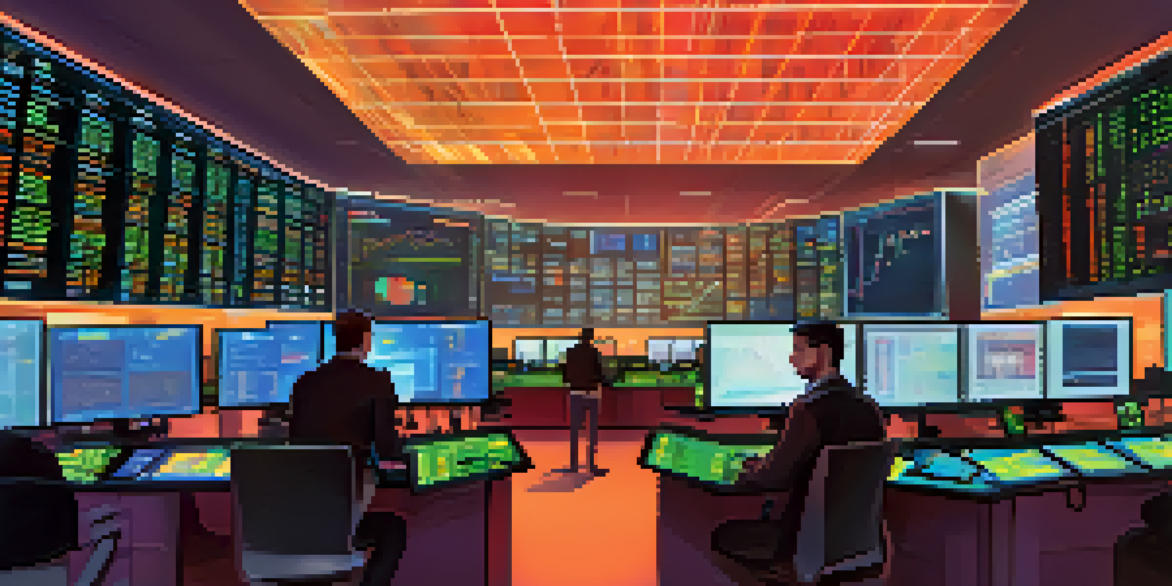 A busy cryptocurrency trading floor with traders analyzing screens filled with price charts and data.