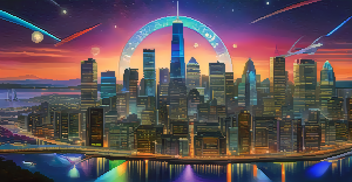 A colorful illustration of tokenized assets represented as glowing digital tokens, surrounded by a futuristic city skyline at twilight.
