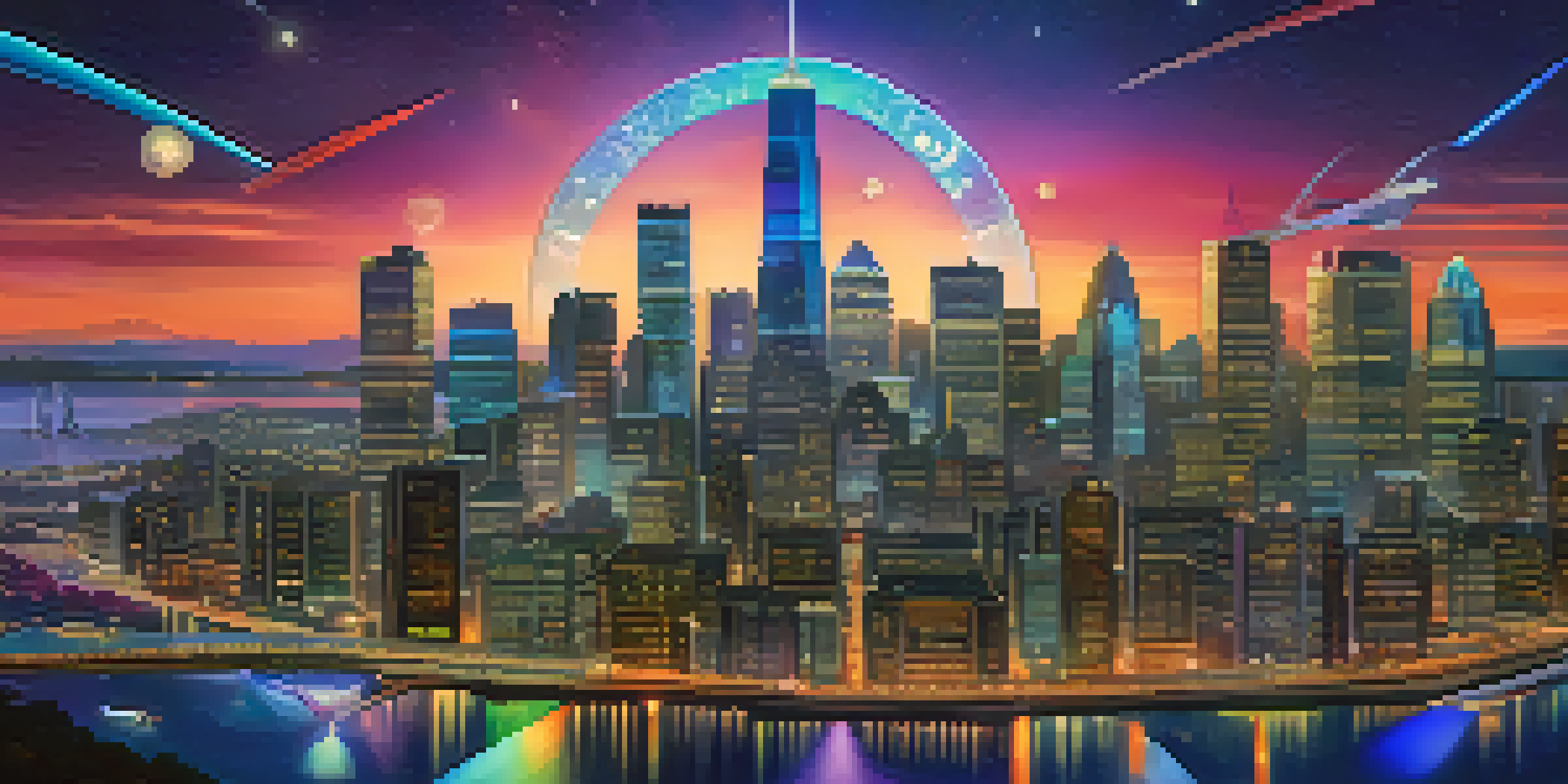 A colorful illustration of tokenized assets represented as glowing digital tokens, surrounded by a futuristic city skyline at twilight.