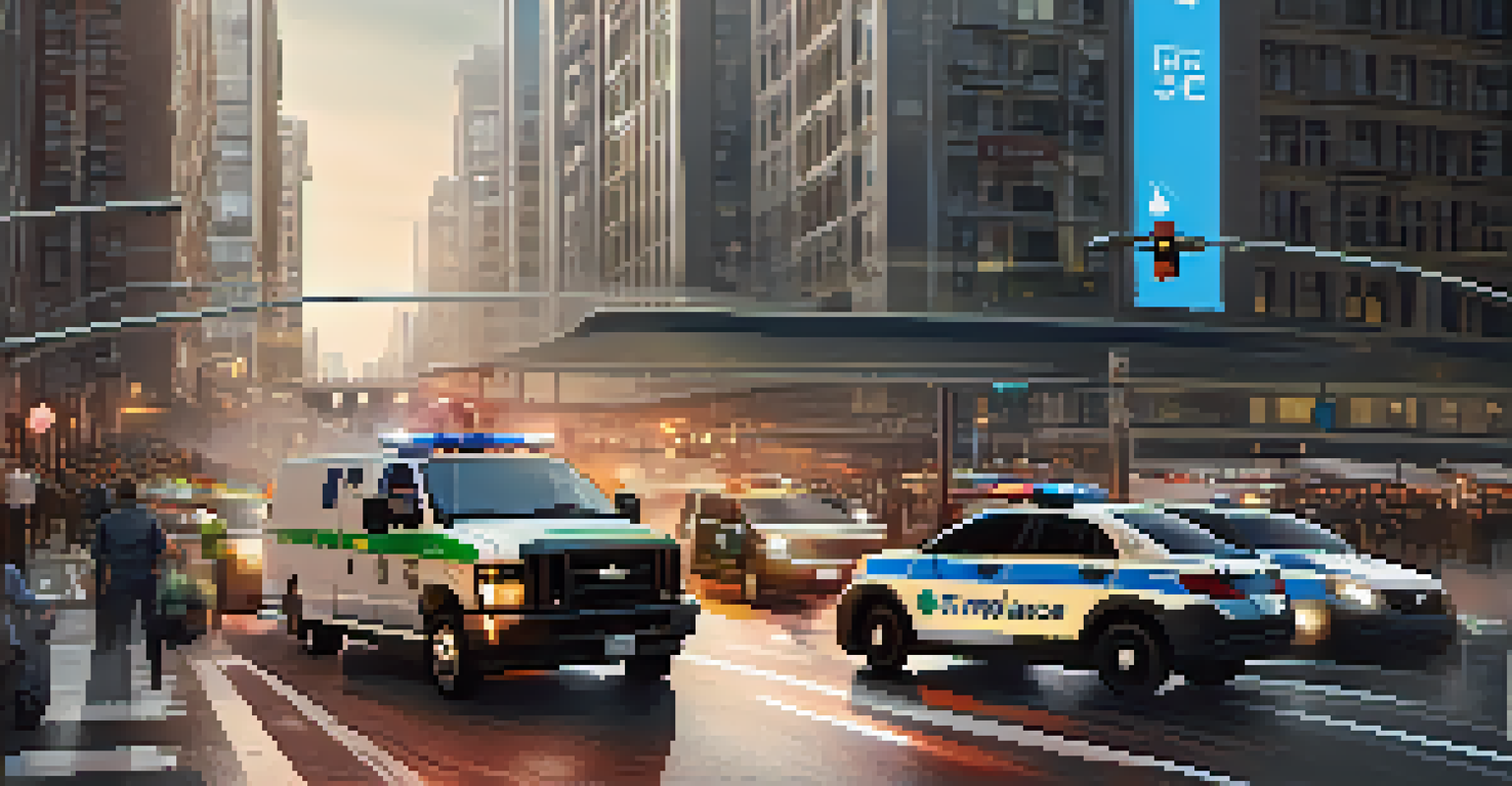 An emergency response in a smart city with a mobile device alerting an ambulance, showcasing public safety.