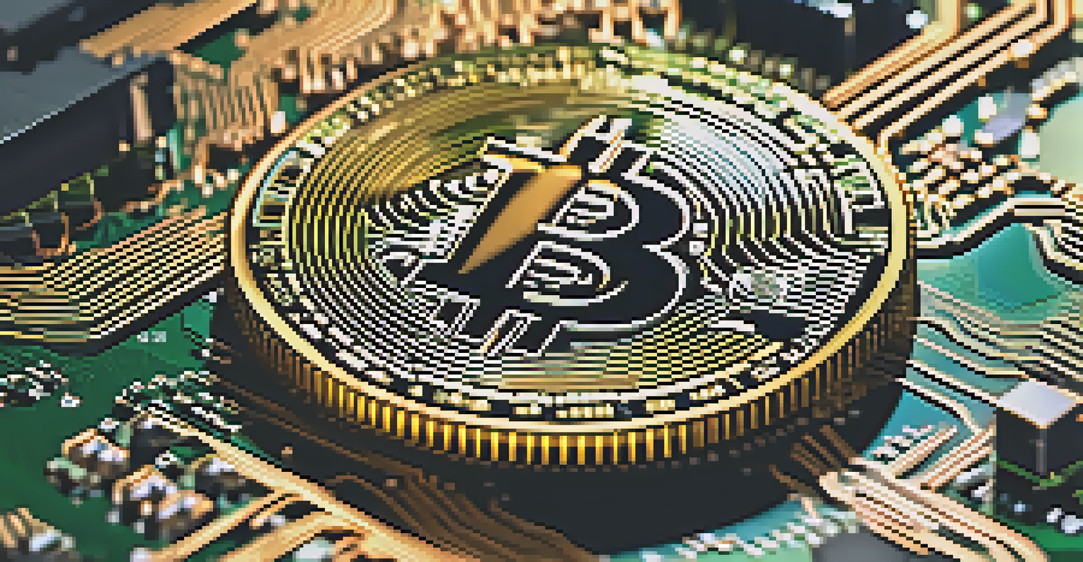 A close-up shot of a Bitcoin coin on circuit boards, symbolizing Proof-of-Work.