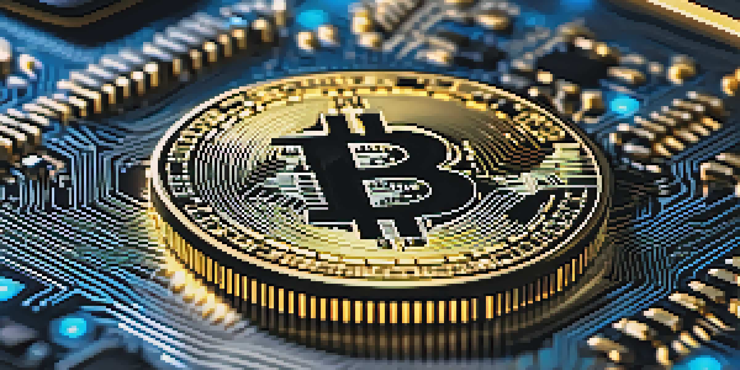 A close-up of a Bitcoin coin on a circuit board with blue LED lights in the background.