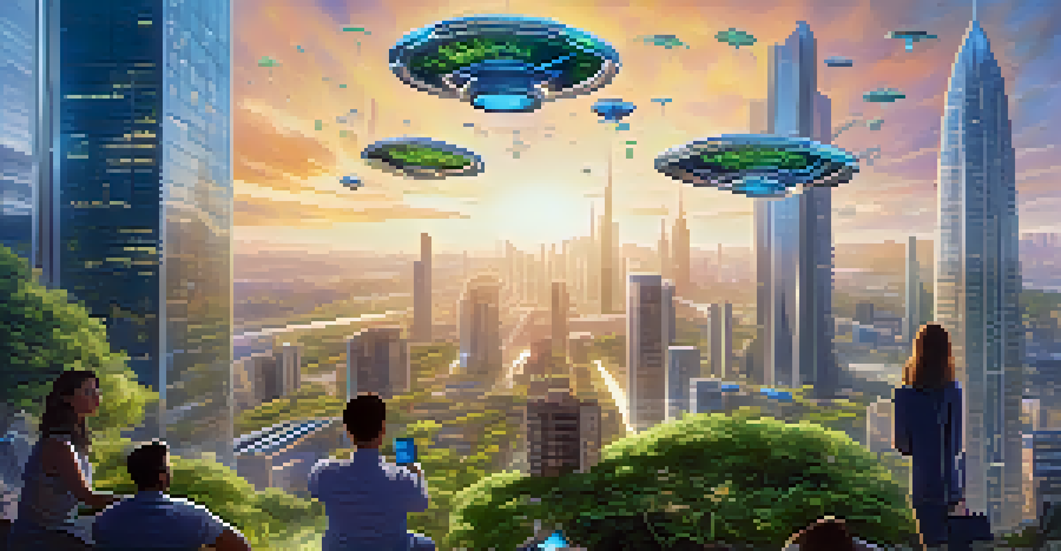 A futuristic cityscape with greenery on buildings and people using digital devices while drones fly in the sky.