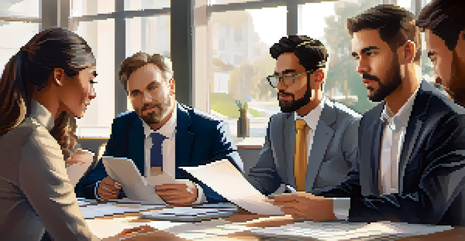 A close-up of a business meeting with diverse stakeholders discussing stablecoin regulations, surrounded by documents and laptops in a warmly lit room.