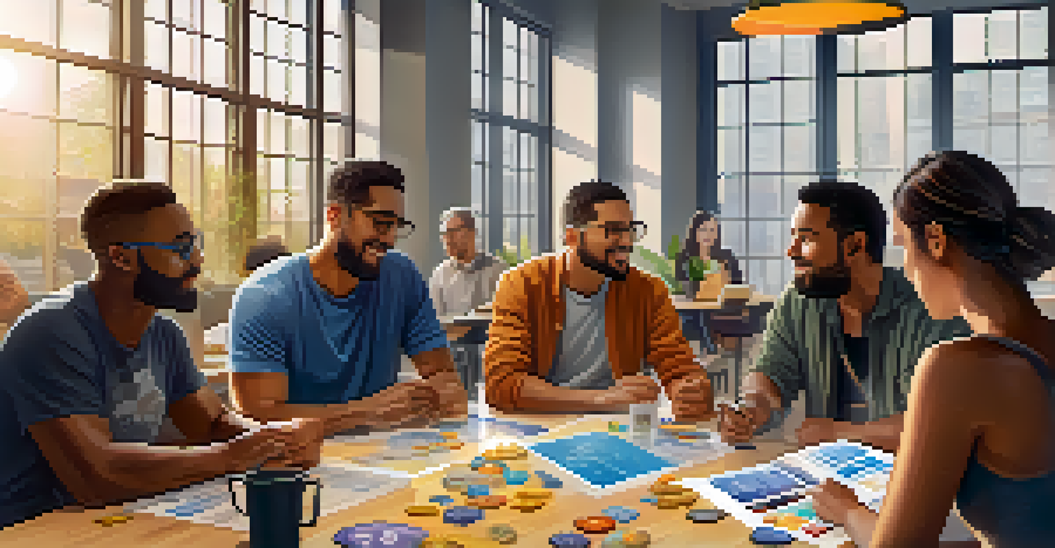 A diverse group of people discussing cryptocurrency at a table in a bright co-working space, with charts and educational materials visible.