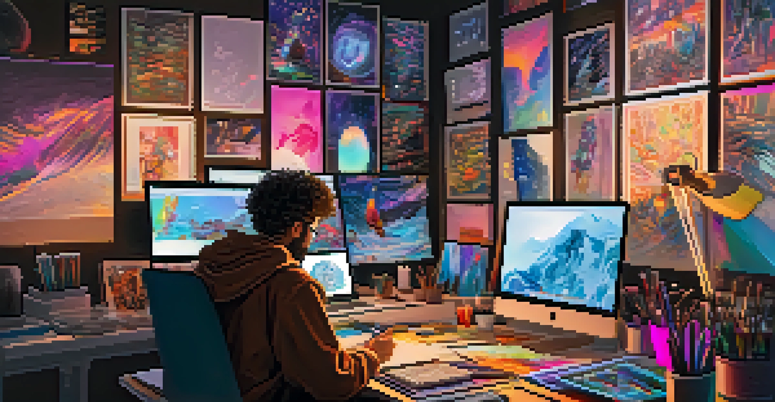 An artist in a creative workspace with multiple screens showcasing vibrant NFT artworks, surrounded by sketches and art supplies.