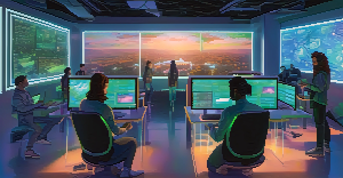 A modern digital workspace featuring holographic screens and a group of diverse creators discussing blockchain technology and smart contracts.