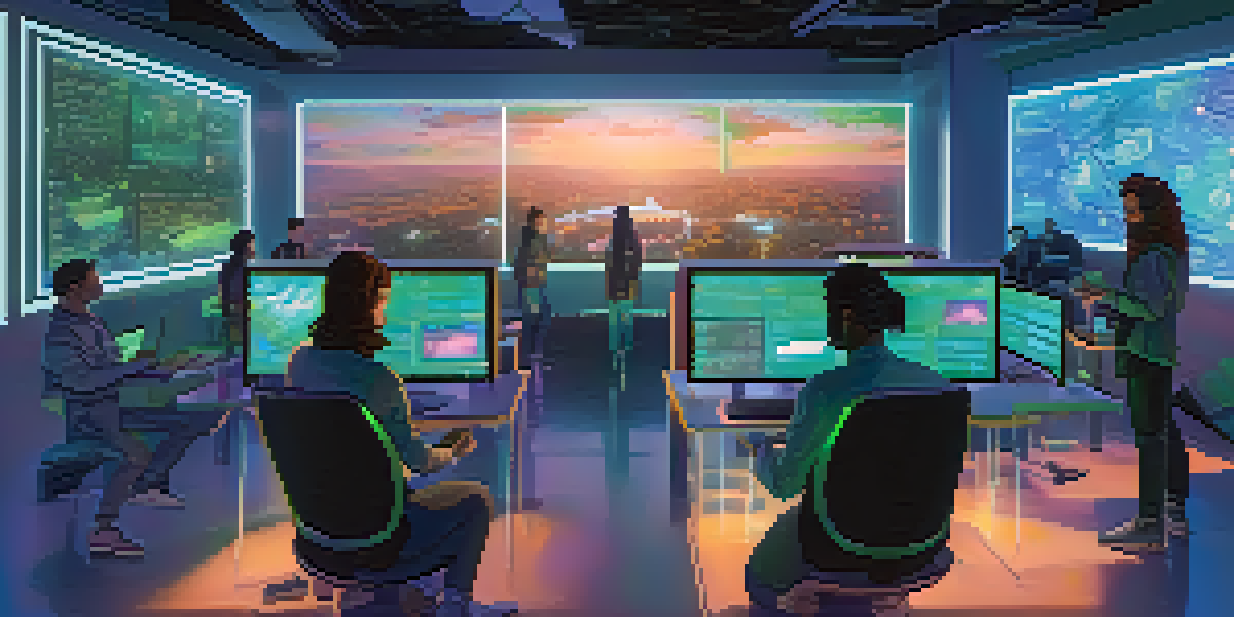 A modern digital workspace featuring holographic screens and a group of diverse creators discussing blockchain technology and smart contracts.