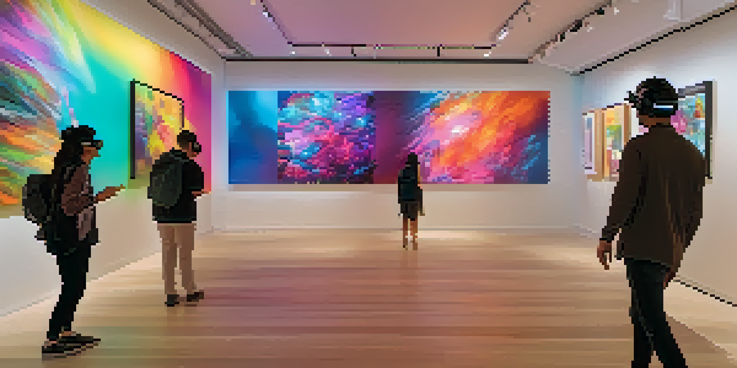 A virtual reality art gallery with colorful digital artworks and visitors wearing VR headsets interacting with the pieces.