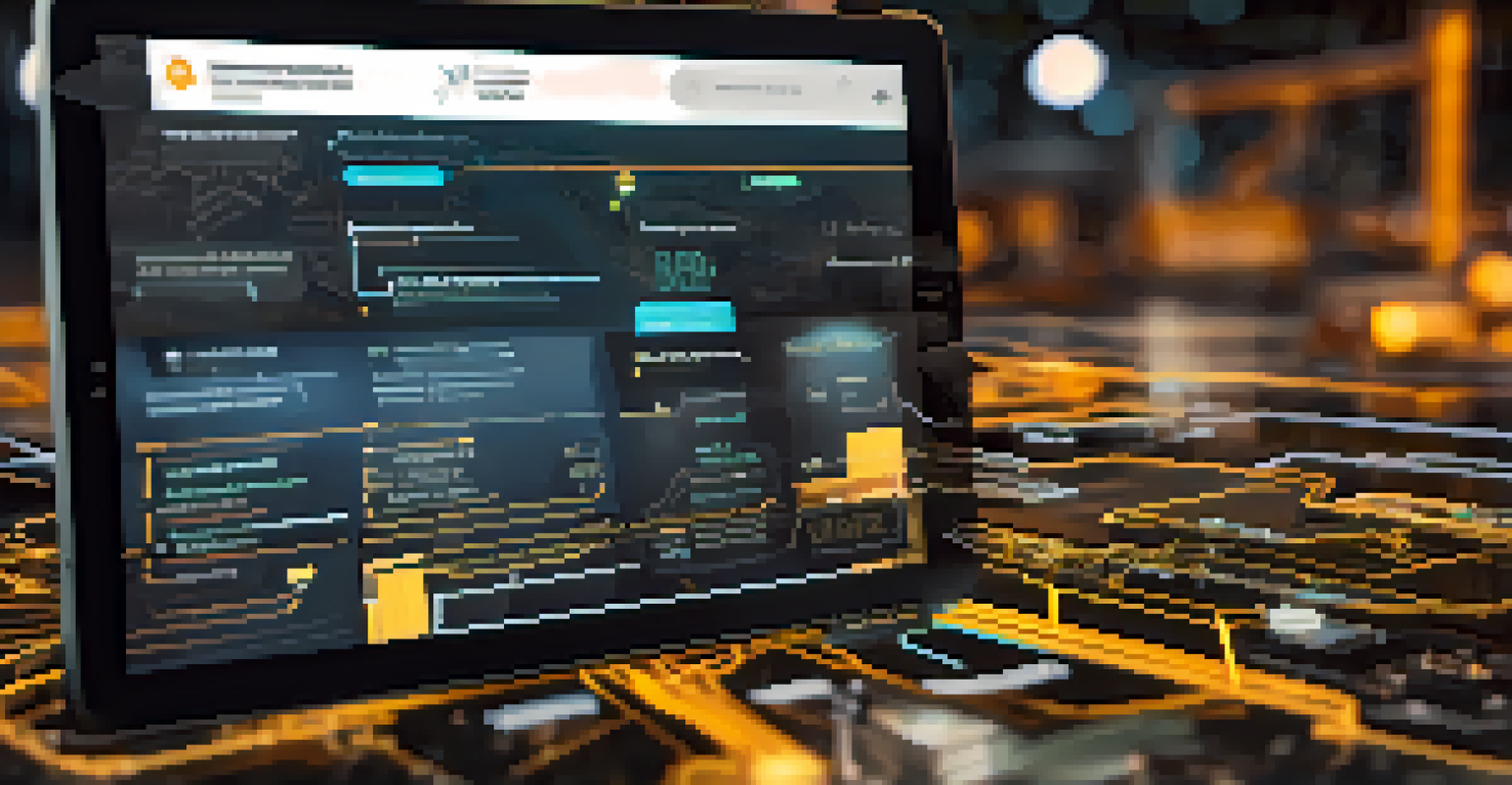 A close-up of a digital tablet showing a blockchain ledger with transaction details, set against an industrial supply chain background.