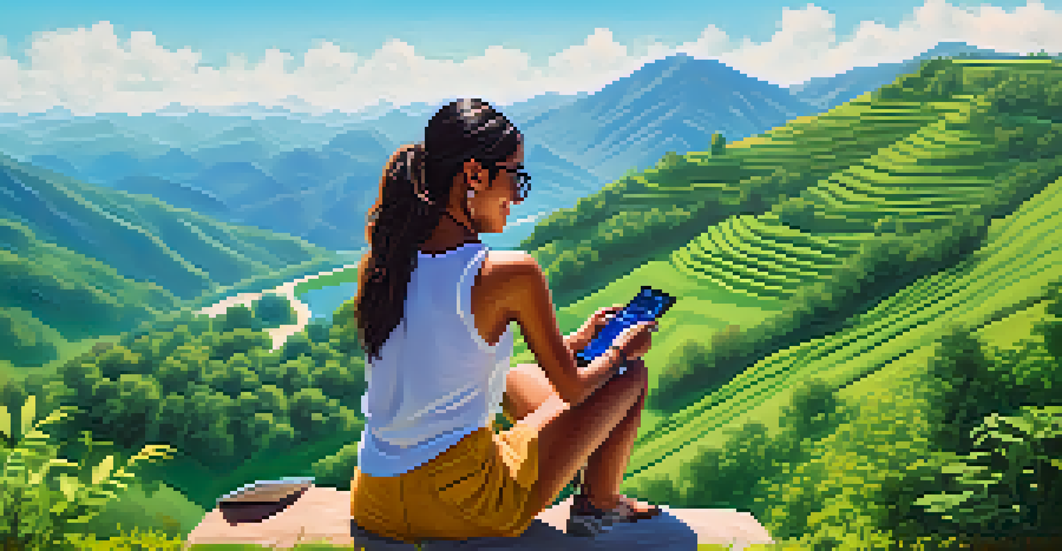 A young woman sitting on a hillside using her smartphone to receive cryptocurrency payments, with a laptop beside her.