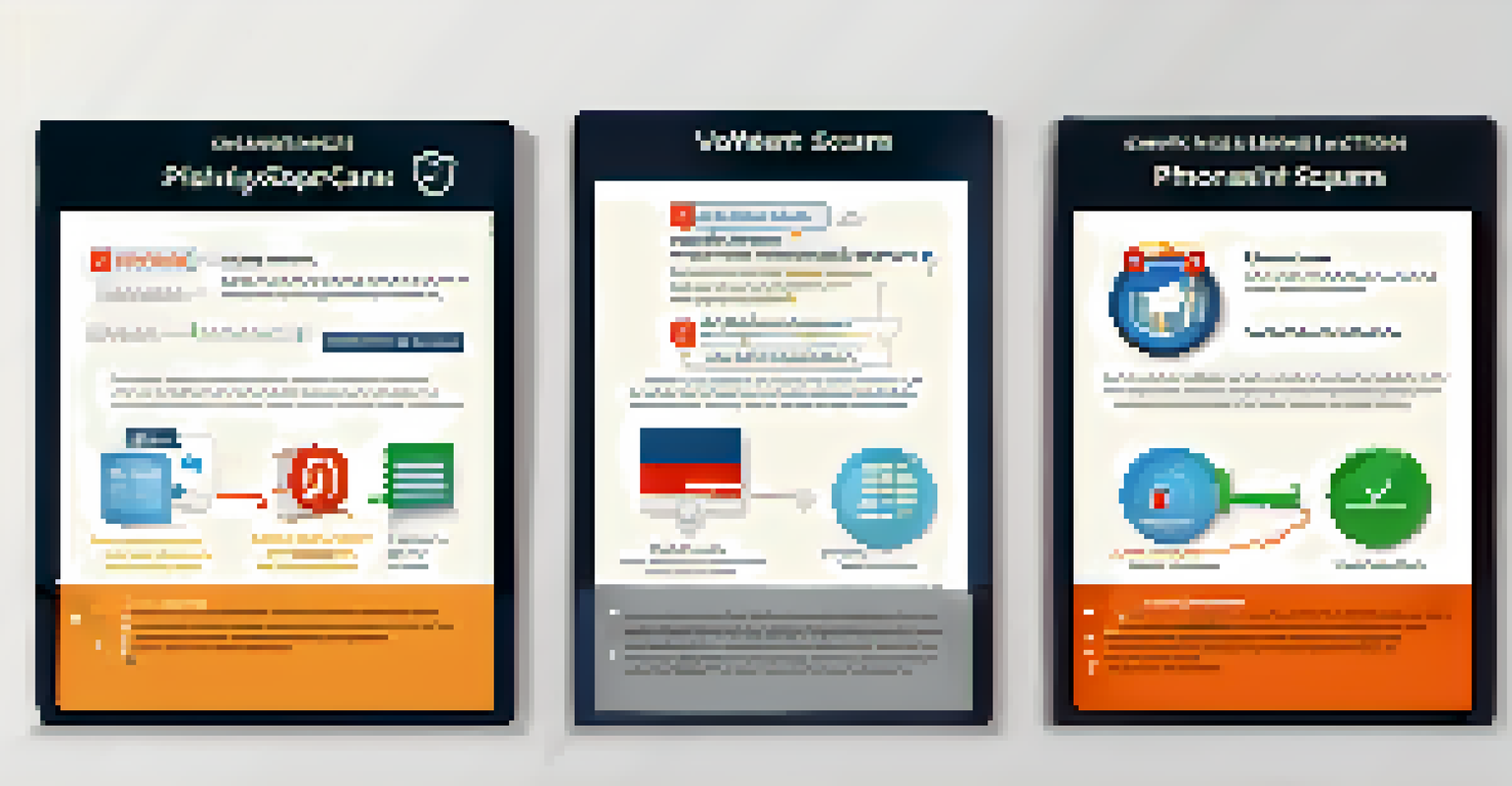 An infographic depicting characteristics of phishing scams, featuring fake websites and urgent messages on a white background.