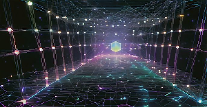 A glowing blockchain network with interconnected nodes and lines, and a holographic smart contract in the foreground.