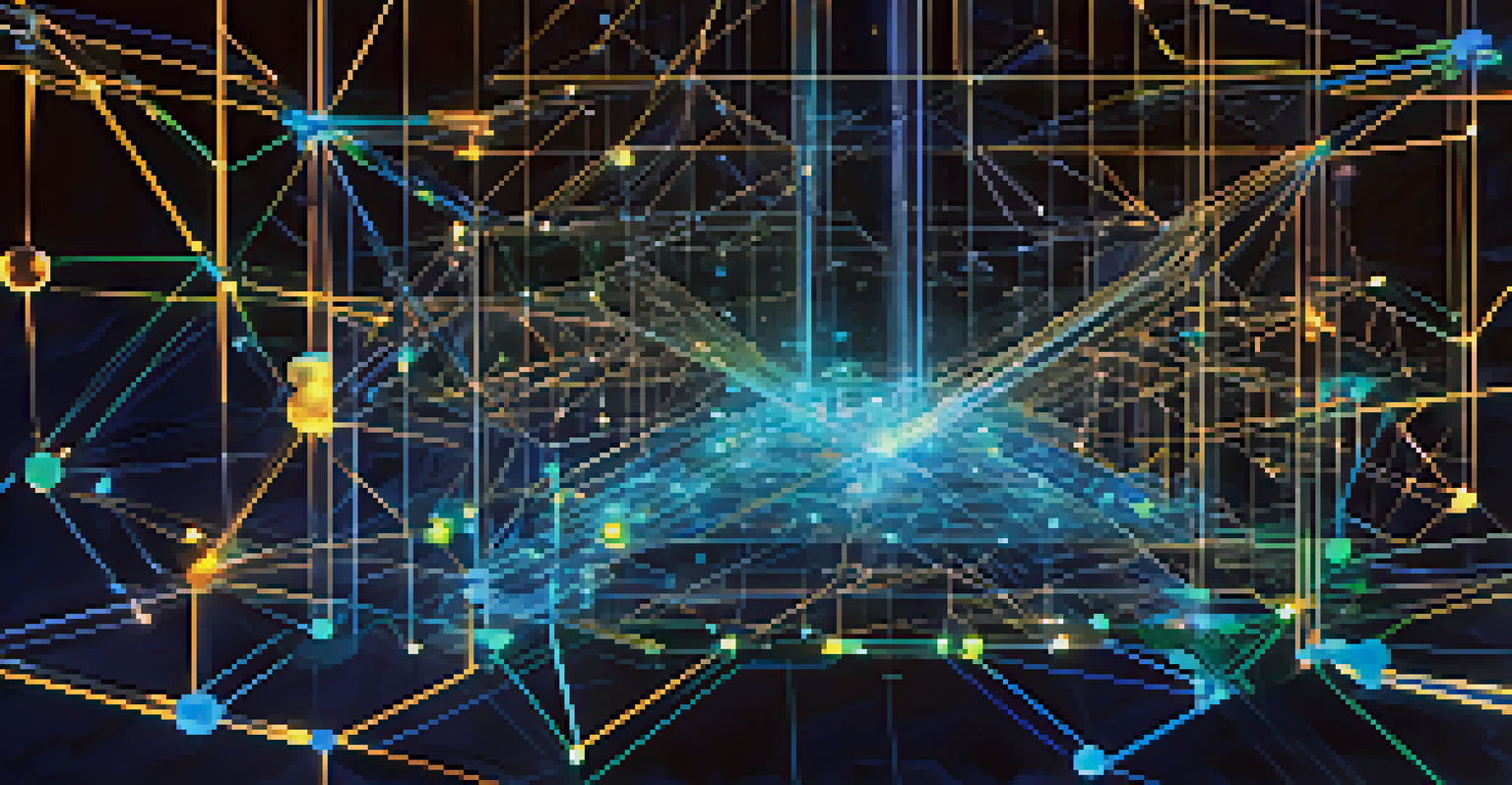 An abstract visualization of blockchain technology with interconnected nodes and floating digital currencies in a dark background with glowing elements.