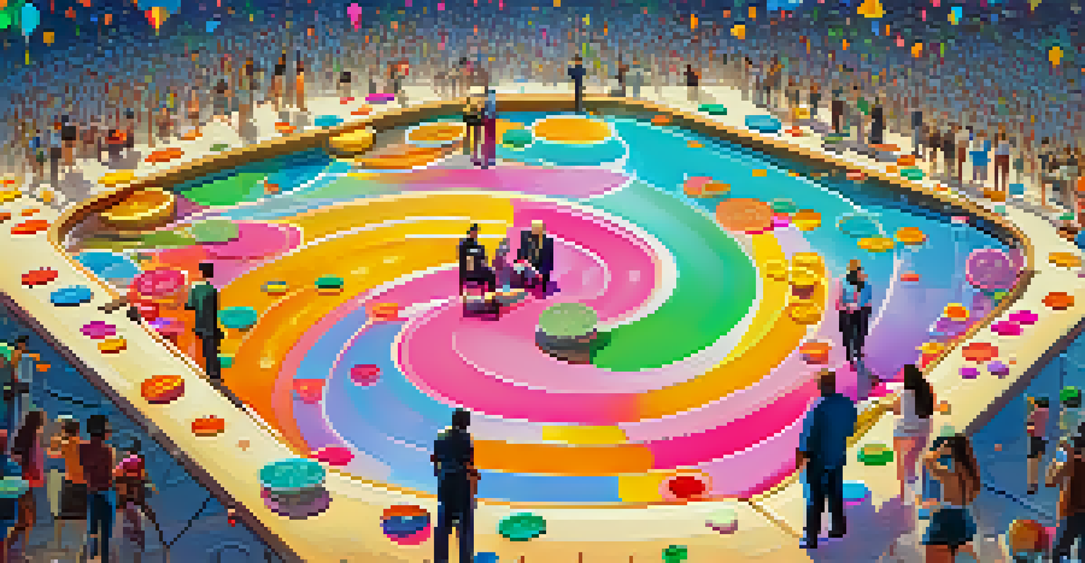 An illustration showing a liquidity pool filled with colorful coins and diverse people exchanging assets in a digital environment.