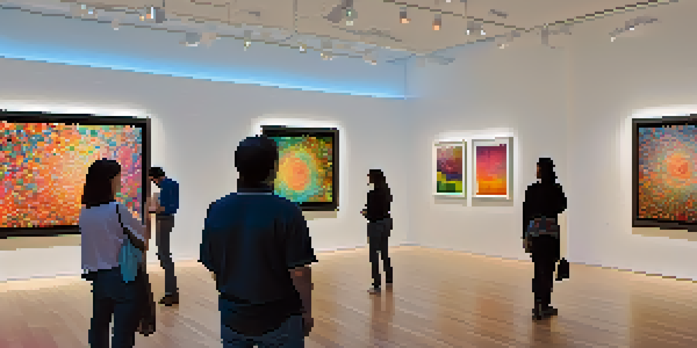 An art gallery filled with digital artworks displayed on screens, with visitors discussing the pieces in a warm-lit environment.