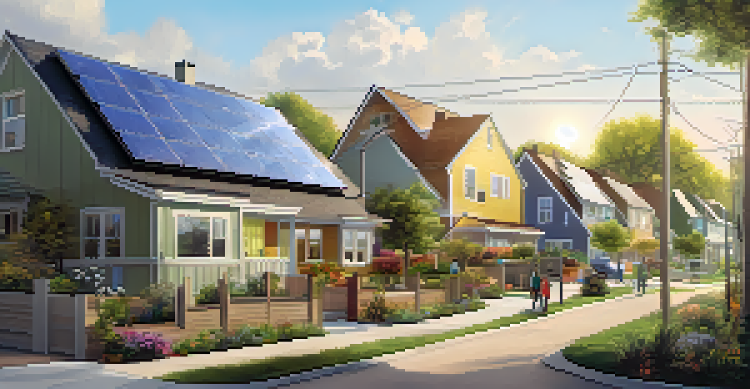 A peaceful neighborhood with solar panel-equipped homes and residents trading energy in a green, sustainable environment under bright sunlight.