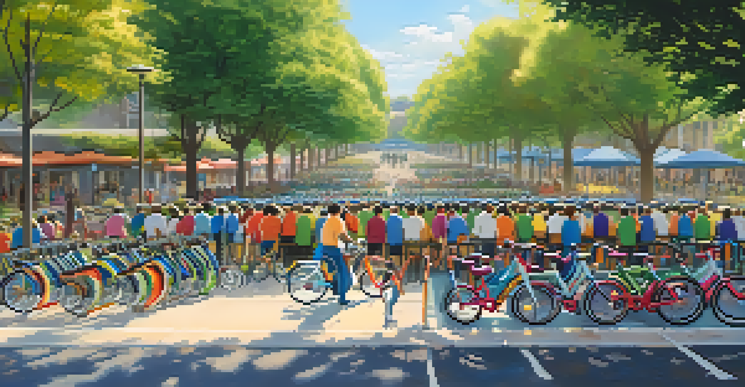 A community bike-sharing station with colorful bikes and people selecting bikes in a sunny park.
