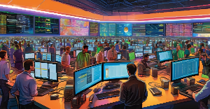 A lively cryptocurrency trading floor with diverse traders focused on their screens showing fluctuating prices.