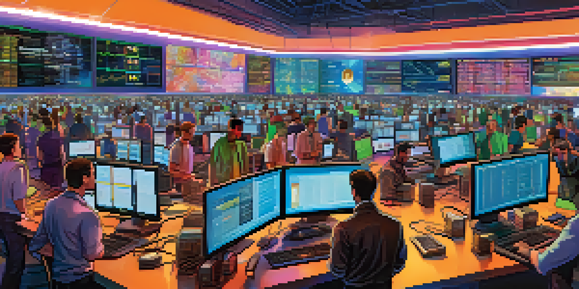 A lively cryptocurrency trading floor with diverse traders focused on their screens showing fluctuating prices.