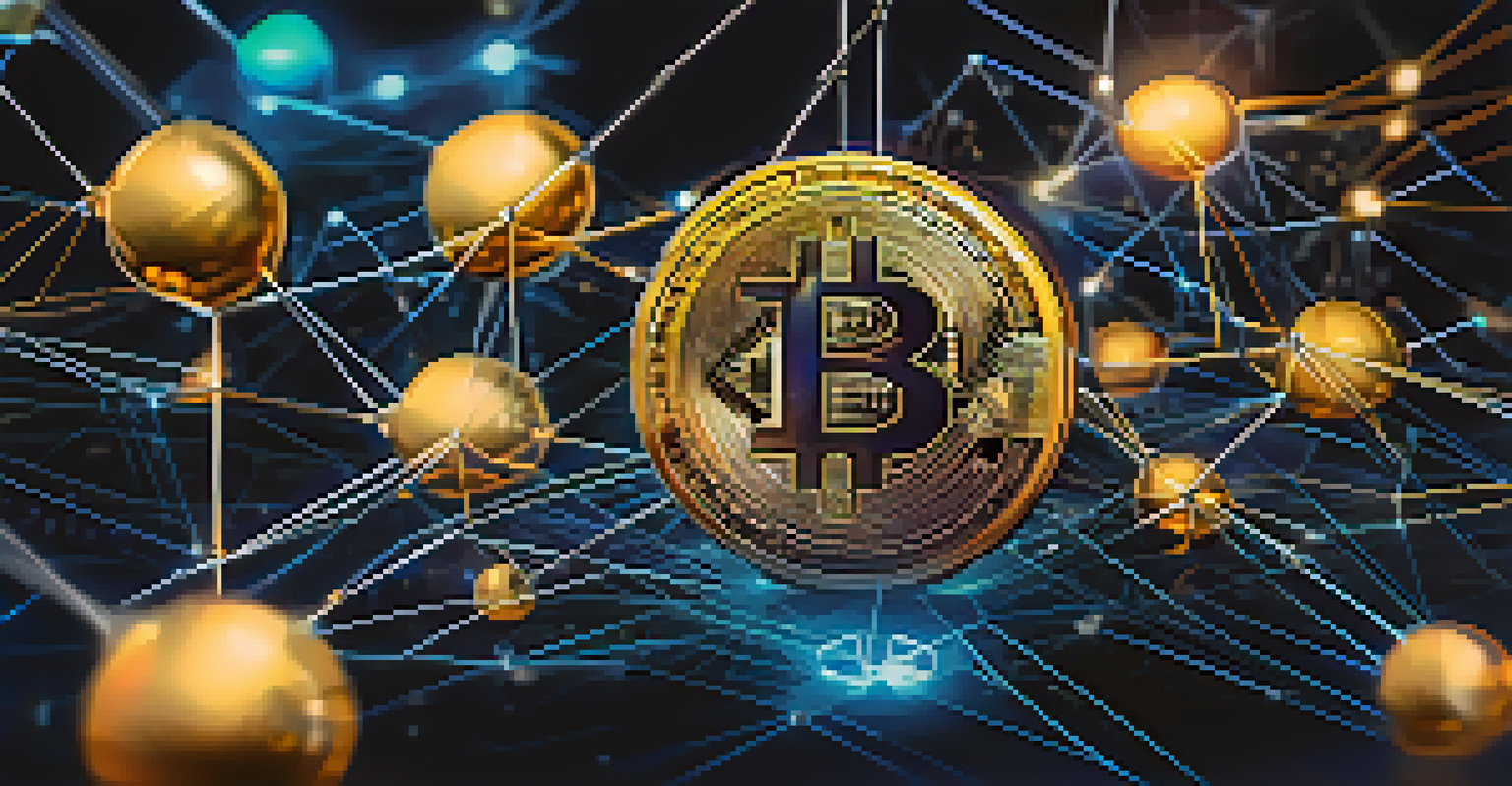 An abstract depiction of cryptocurrency with a glowing blockchain network and floating coins, set against a dark gradient background.