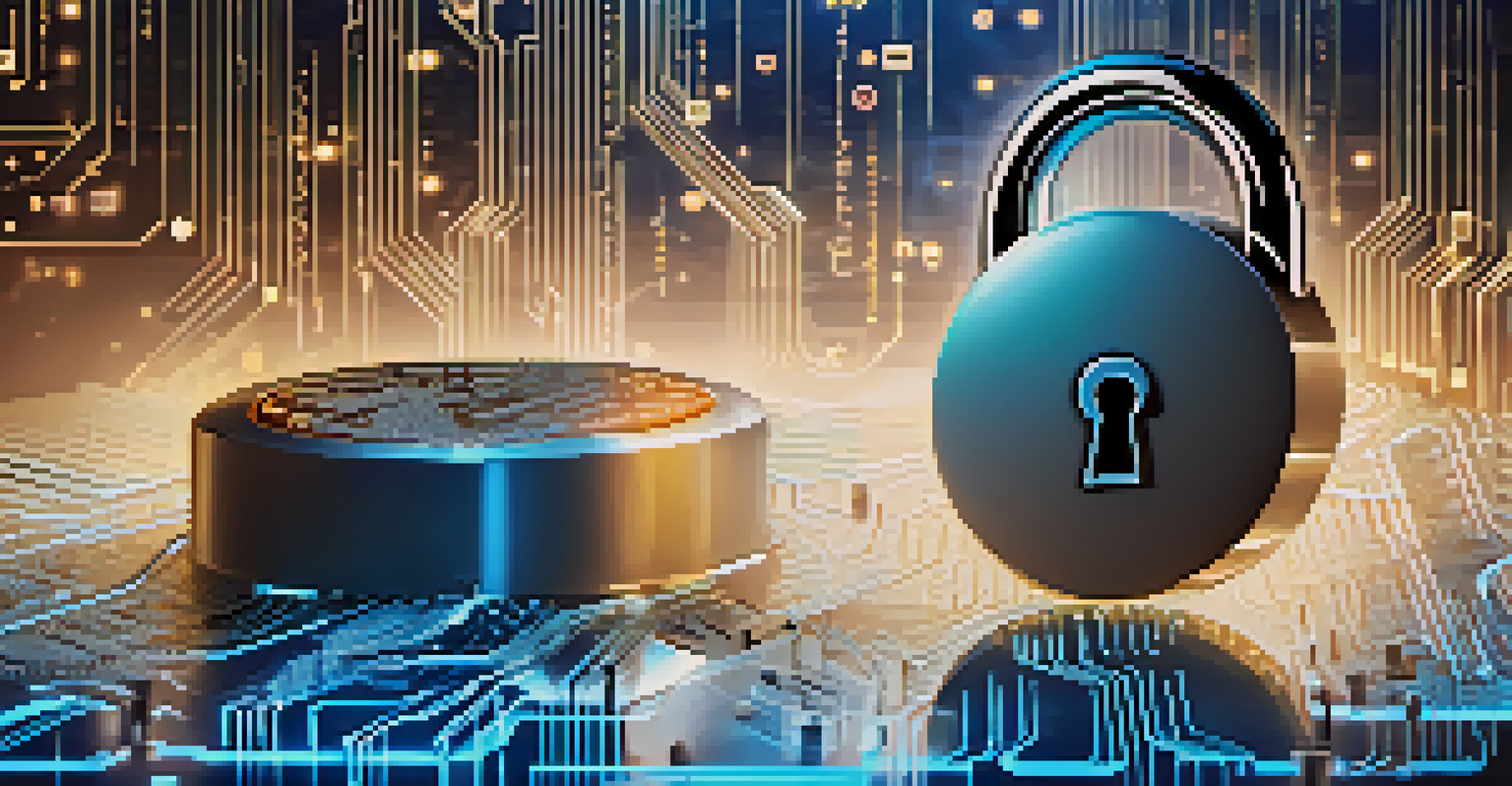 A digital vault with a padlock made of binary code and a glowing key symbolizing encryption, set against a circuit board background.