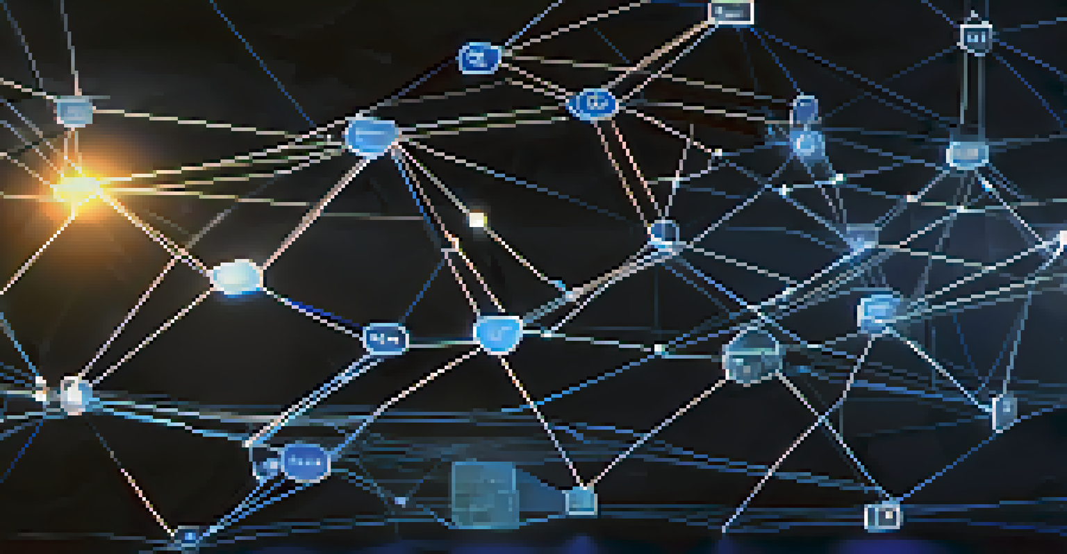 An abstract visualization of a blockchain network with glowing nodes and connections, representing security in transactions.