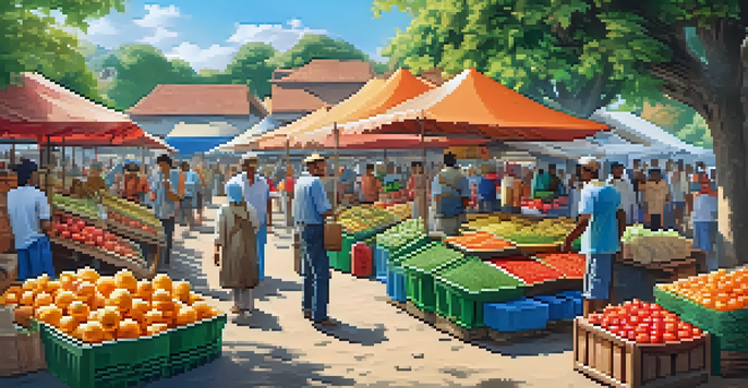 A lively rural marketplace with farmers using mobile devices for blockchain transactions, surrounded by colorful stalls and a clear blue sky.