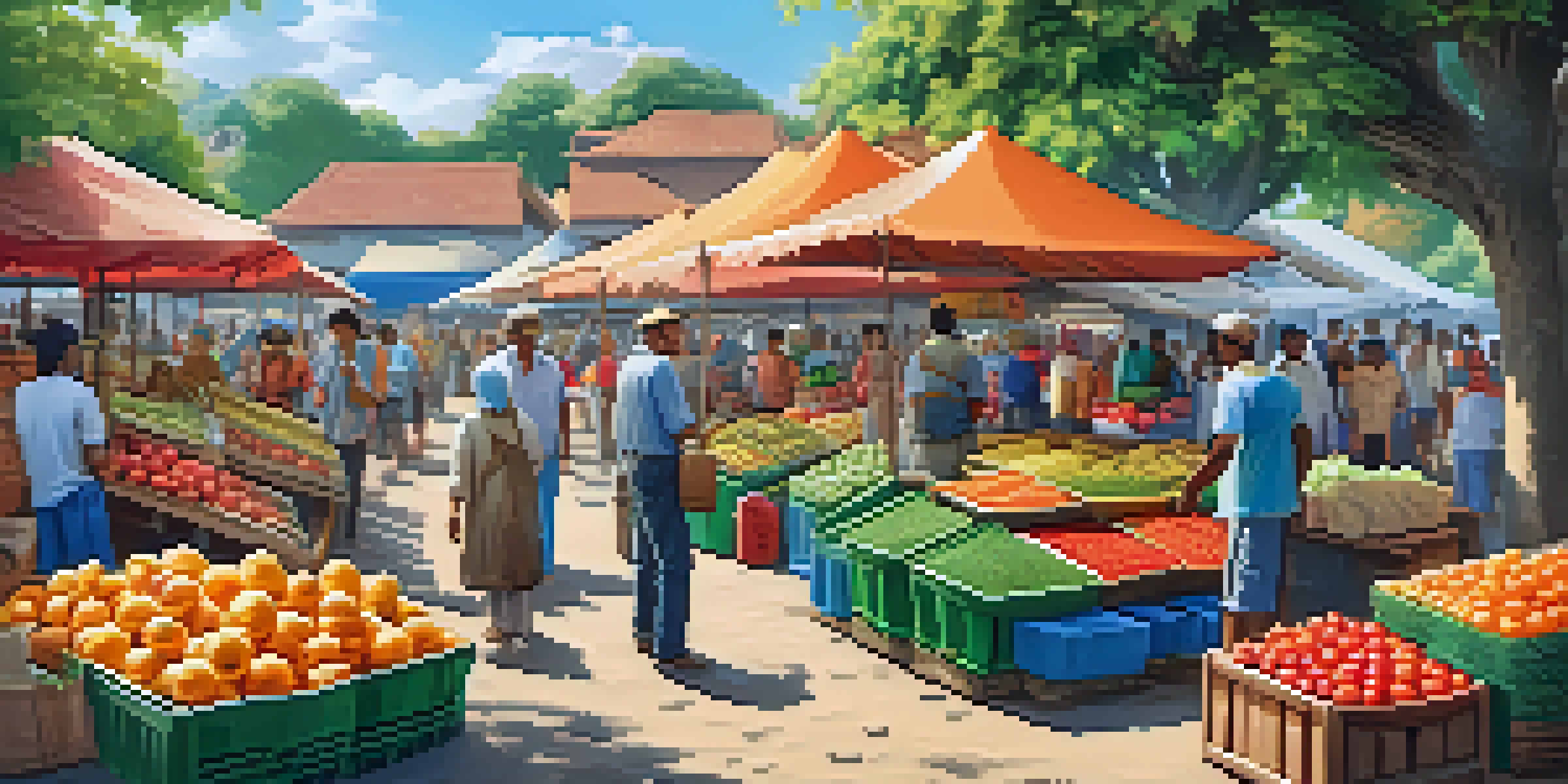 A lively rural marketplace with farmers using mobile devices for blockchain transactions, surrounded by colorful stalls and a clear blue sky.
