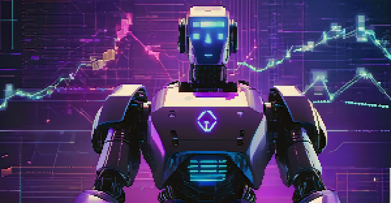 An abstract illustration of a futuristic crypto trading bot surrounded by glowing graphs and charts.