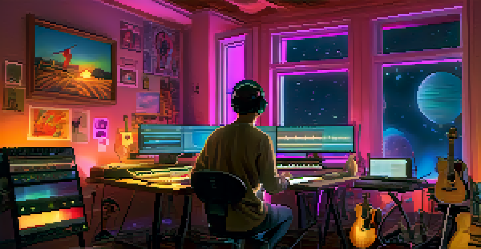 A musician in a cozy studio creating NFTs with musical instruments and a computer, illuminated by warm light.