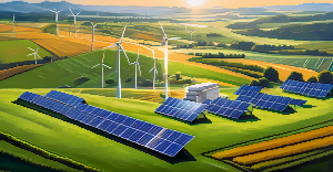 A peaceful landscape with solar panels and wind turbines, illustrating a sustainable cryptocurrency mining operation.