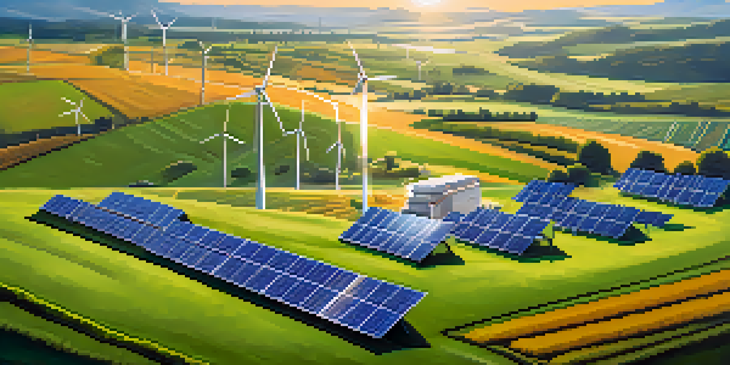 A peaceful landscape with solar panels and wind turbines, illustrating a sustainable cryptocurrency mining operation.