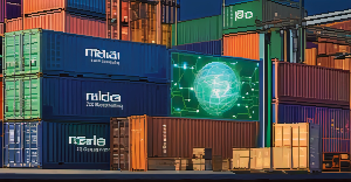 A digital screen displaying a blockchain ledger, surrounded by shipping containers and icons representing different supply chain elements.