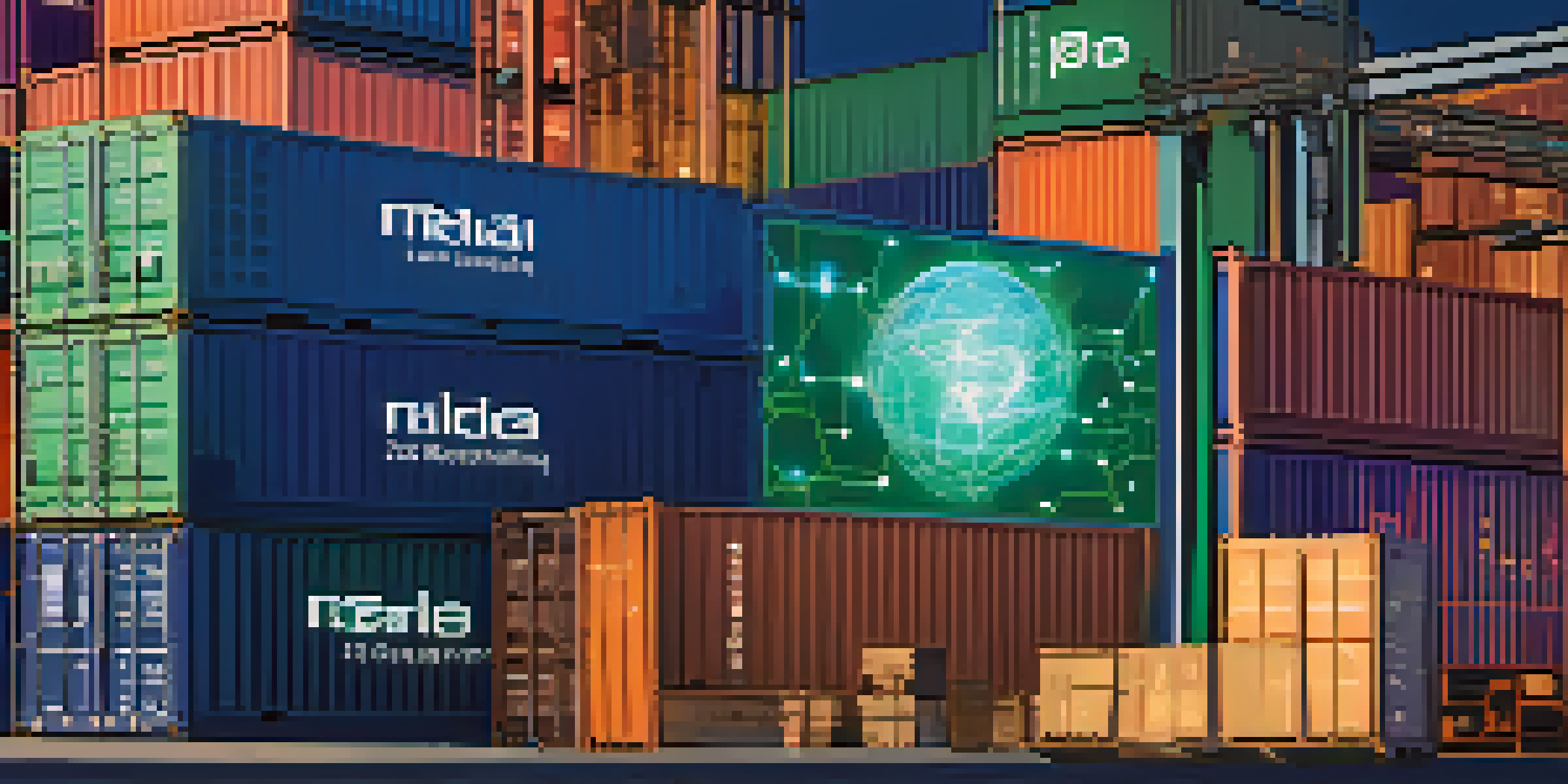 A digital screen displaying a blockchain ledger, surrounded by shipping containers and icons representing different supply chain elements.
