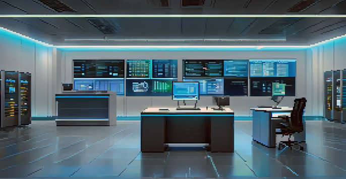 An interior view of a high-tech cryptocurrency custody facility, with digital screens and a control desk.