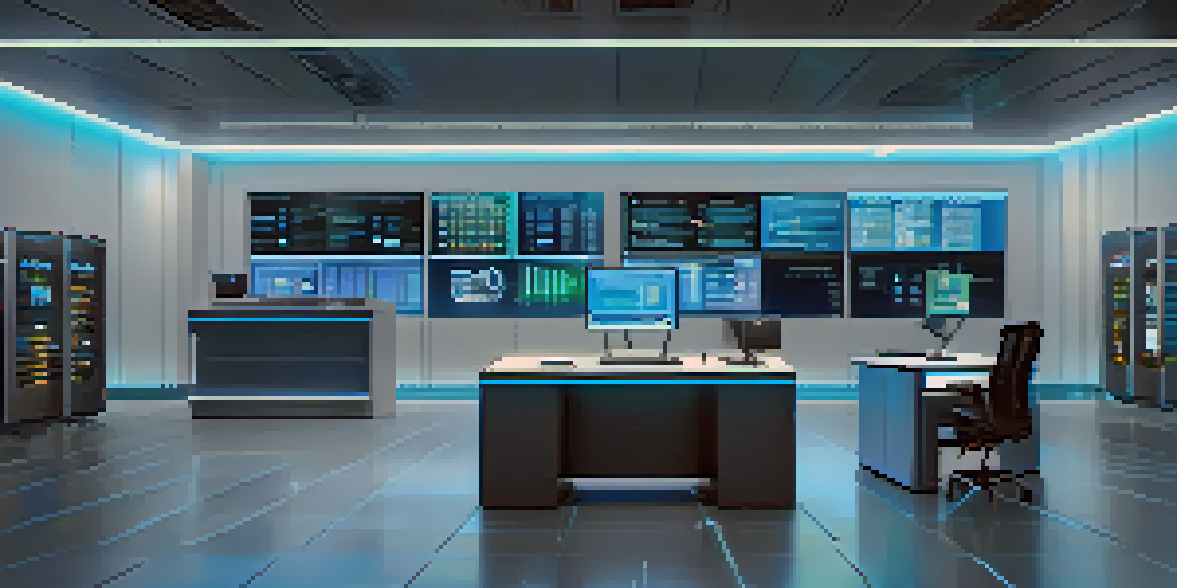 An interior view of a high-tech cryptocurrency custody facility, with digital screens and a control desk.