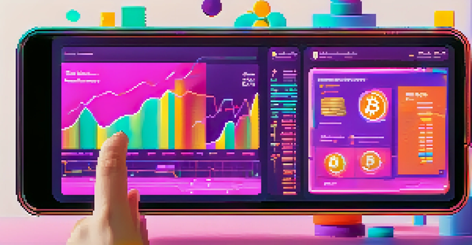 A young person pointing at a colorful TikTok screen displaying cryptocurrency charts and financial education content in a modern setting.