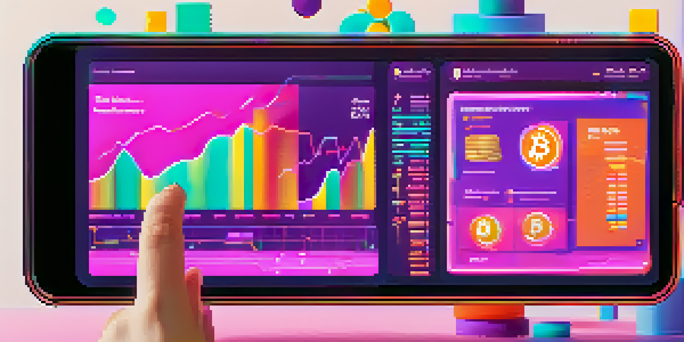 A young person pointing at a colorful TikTok screen displaying cryptocurrency charts and financial education content in a modern setting.