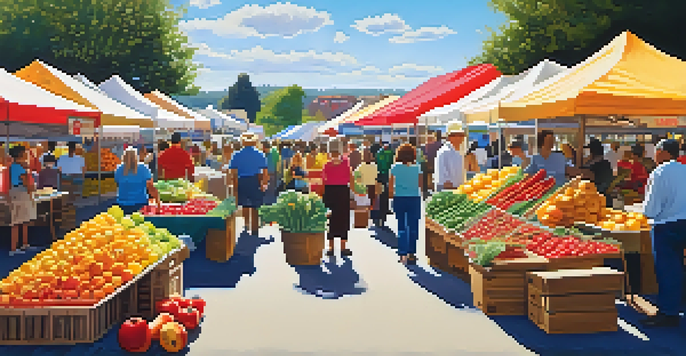 A lively farmer's market with various vendors selling colorful fruits and vegetables under a clear blue sky.