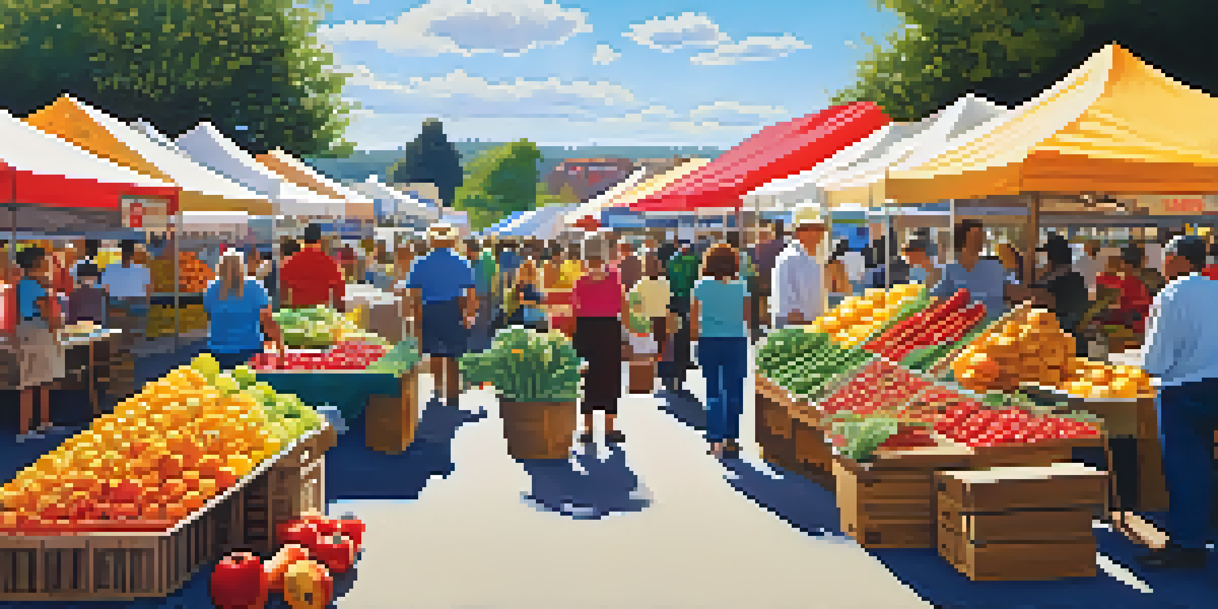 A lively farmer's market with various vendors selling colorful fruits and vegetables under a clear blue sky.
