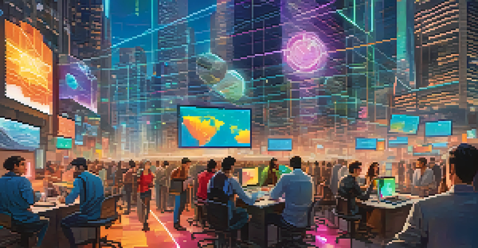 A dynamic scene of people trading cryptocurrencies on a decentralized exchange, with floating graphs and digital assets.