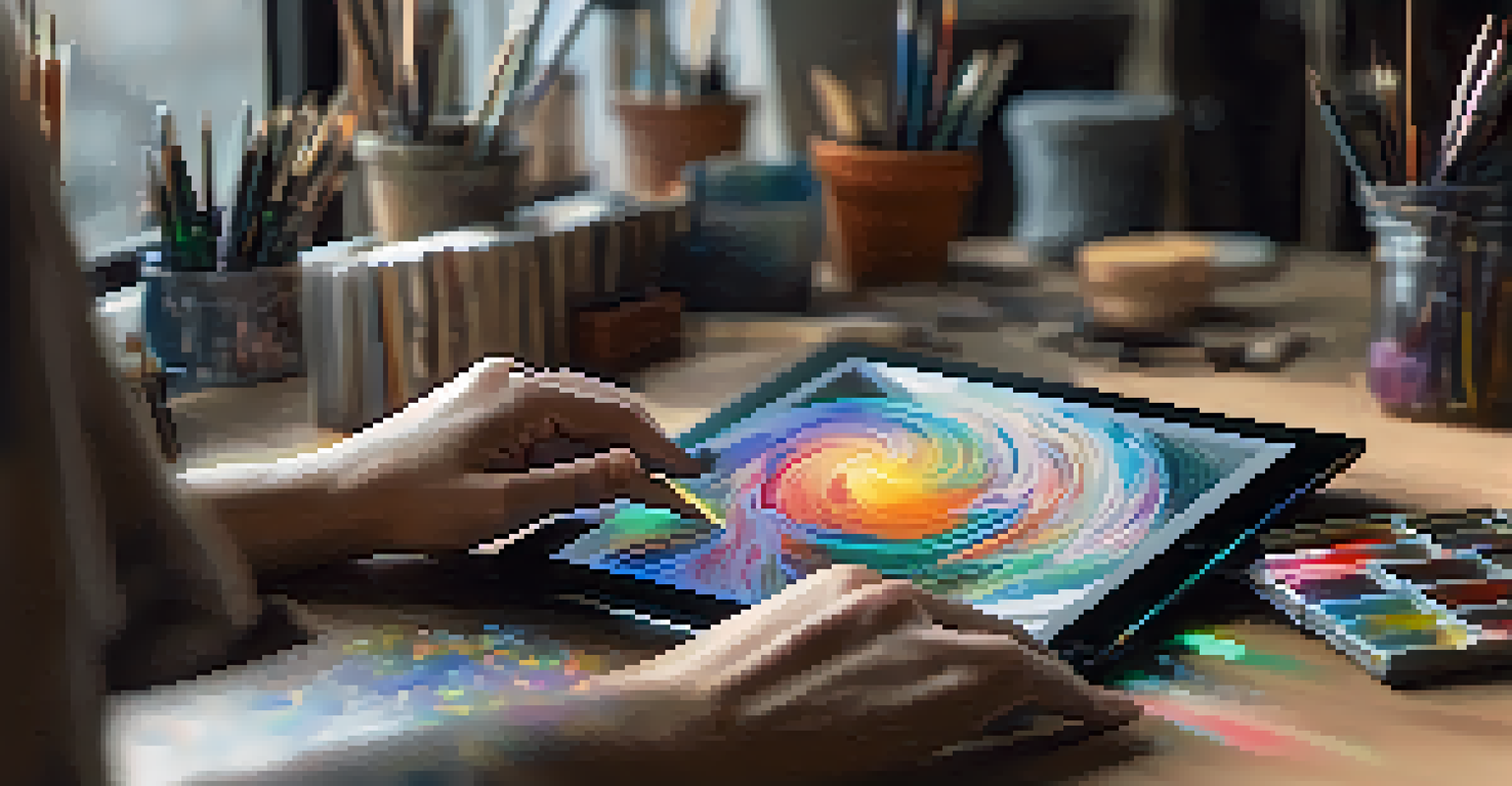 A digital artist's hands on a tablet creating art that converts into an NFT, surrounded by artistic materials in a cozy studio.