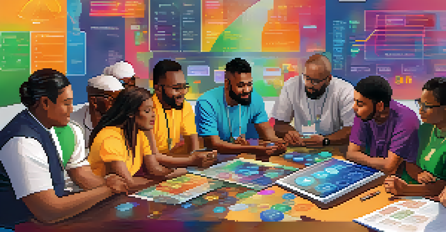 A diverse group of community members participating in a financial education workshop about cryptocurrencies around a tablet.