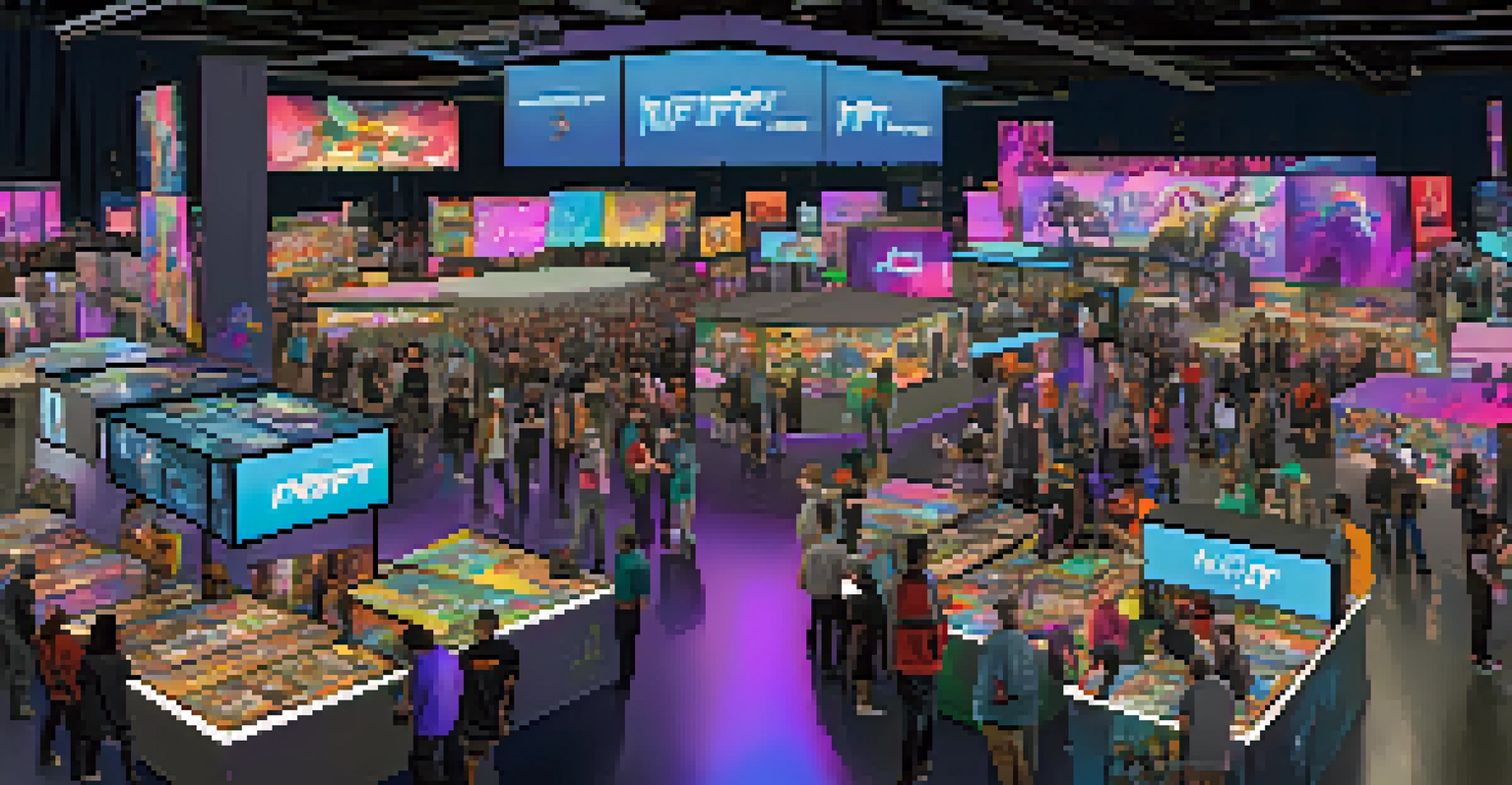 A gaming convention where players are showcasing their NFT collections and engaging in discussions.