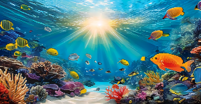 A colorful underwater scene with coral reefs and various marine creatures swimming in filtered sunlight.