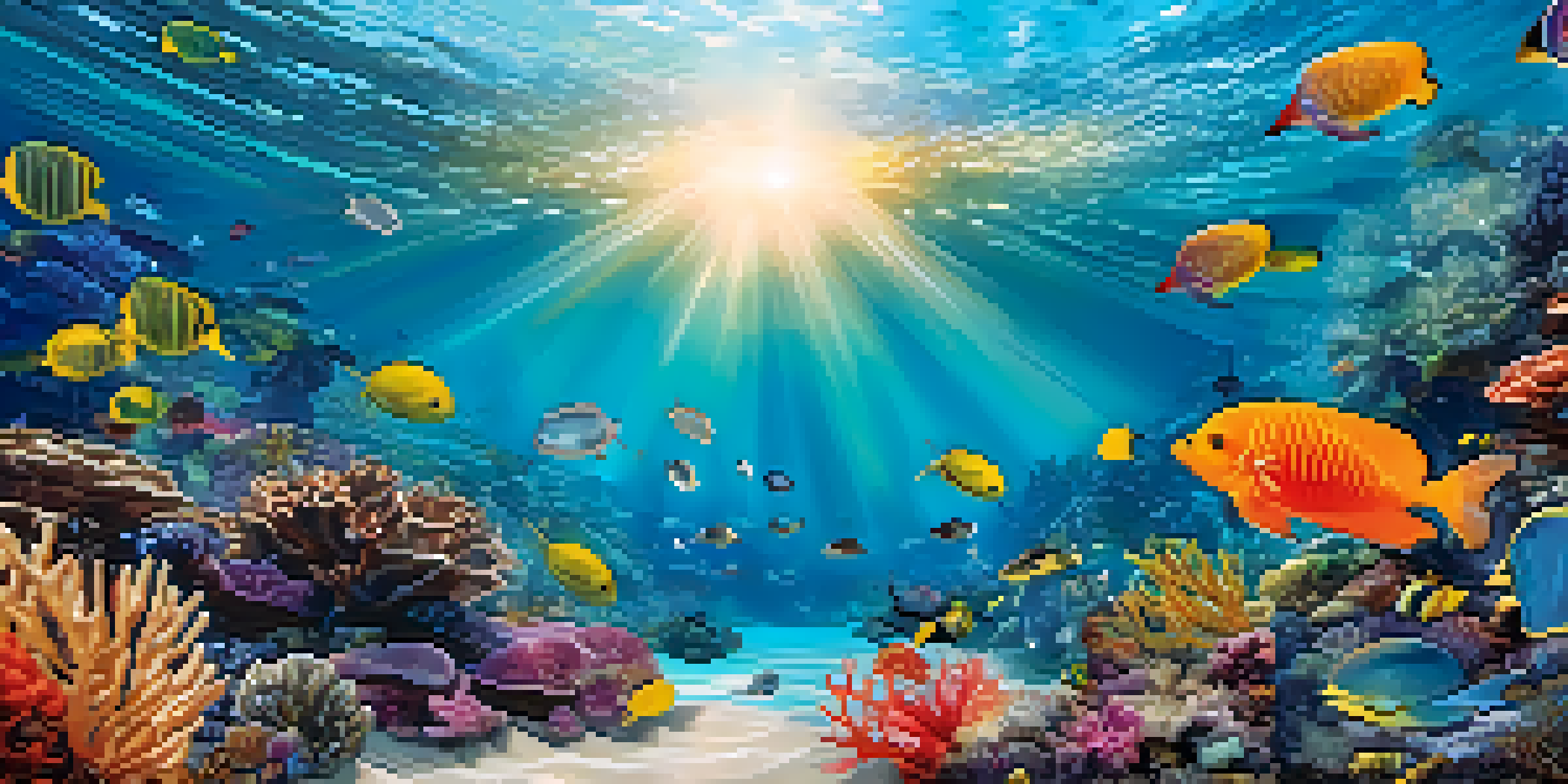 A colorful underwater scene with coral reefs and various marine creatures swimming in filtered sunlight.
