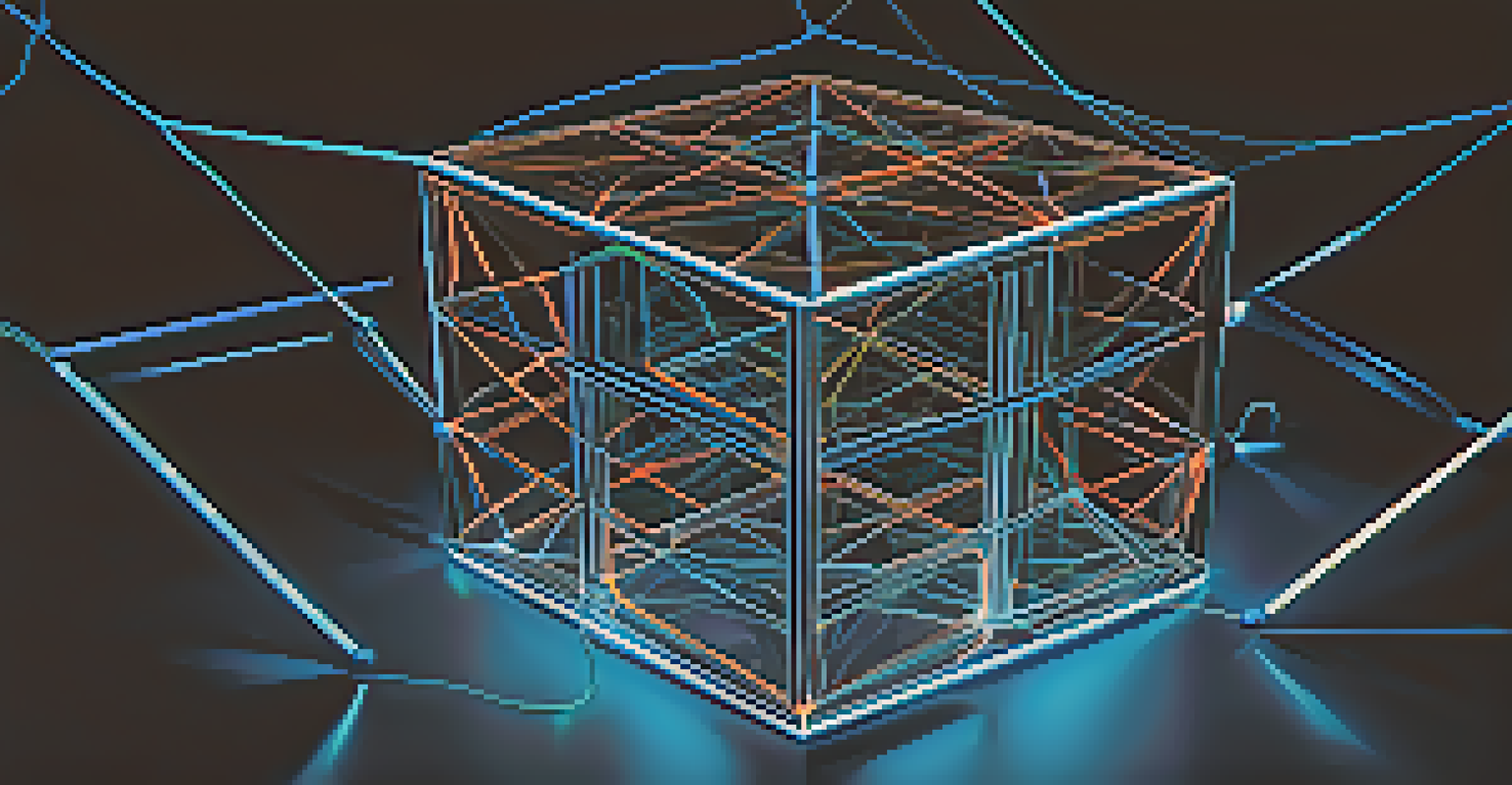 A visual representation of a blockchain network with glowing cubes and connecting lines on a dark background.