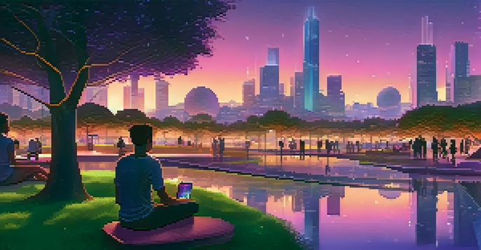 A vibrant city skyline with glowing geometric shapes symbolizing blockchain nodes, set against a colorful dusk sky. People are seen using digital devices in a park.
